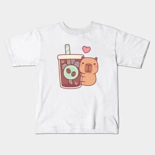 Cute Little Capybara Hugs Iced Coffee Kids T-Shirt